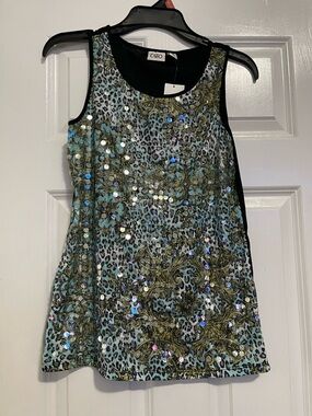 Cato Teal Animal Print Sequin Shell with Gold Baroque Accents